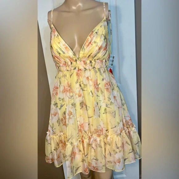 NWT leena for Mac Duggal Yellow Floral Empire Waist Ruffled Mini Size 0 - Picture 3 of 15